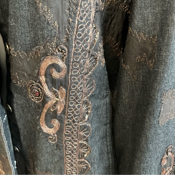 Chico’s jean blazer jacket w/copper embroidery. So much detail. - Picture 3 of 12
